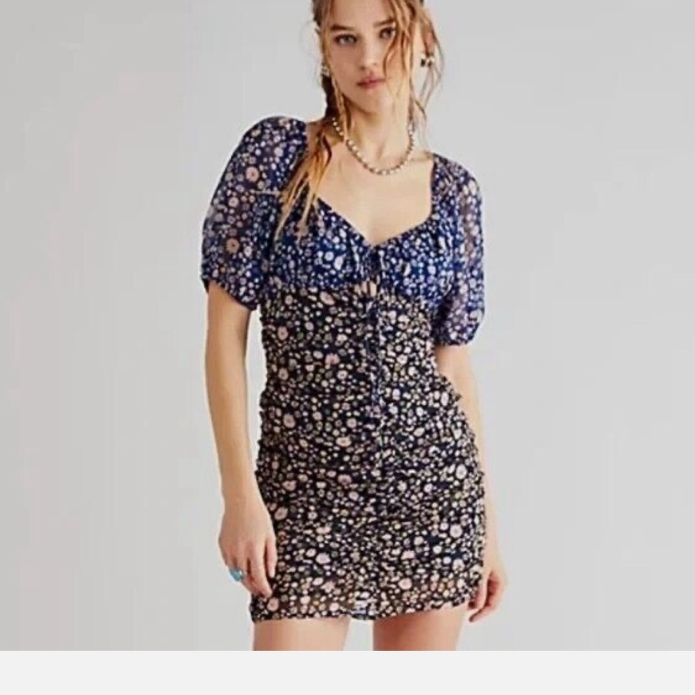 Free People Y2K X REVOLVE Tessa Mini Dress Black Size XS Floral Ruched Lined